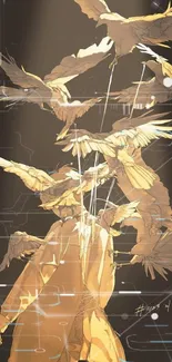 Golden birds in spotlight, artistic mobile wallpaper.