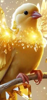 Golden bird with glowing wings and sparkling elements.