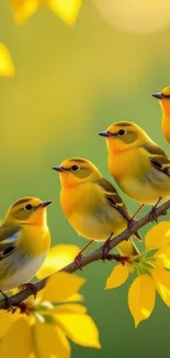 A vibrant wallpaper featuring golden birds perched on a branch.