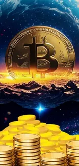 Bitcoin coin above Earth with coin stacks below.