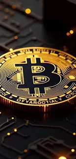 Golden Bitcoin on circuit board wallpaper.