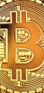 Golden Bitcoin symbol with digital circuitry on a mobile wallpaper.