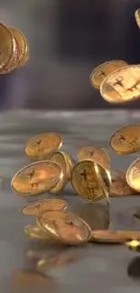 Golden Bitcoins gracefully falling in a digital display.