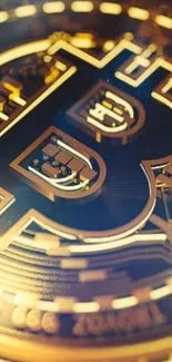 Close-up of a golden bitcoin on a mobile wallpaper.