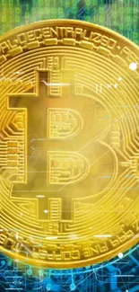 Golden Bitcoin on a digital background with green and blue matrix design.