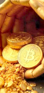 Golden Bitcoins spilling from a hand, symbolizing wealth.