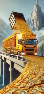 Golden Bitcoins cascade from a truck on a bridge in a mountain setting.