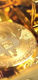 Gold Bitcoin coin on stacked gold bars wallpaper.