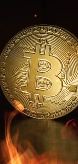 A gold Bitcoin surrounded by flames, offering a dynamic and fiery look.