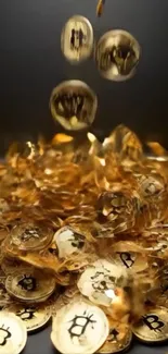 Falling gold Bitcoin coins against dark background.