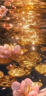Golden coins and cherry blossoms reflecting in shimmering water.