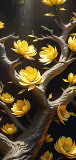 Intricate branches with golden blossoms artistic wallpaper.