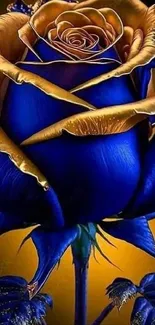 Mobile wallpaper with a striking blue and golden rose design.