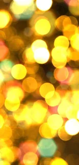 Golden bokeh wallpaper with bright blurred lights for mobile.