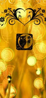 Golden bokeh wallpaper with owl design and artistic elements.