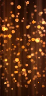 Golden bokeh sparkle wallpaper with soft glowing circles on a brown background.