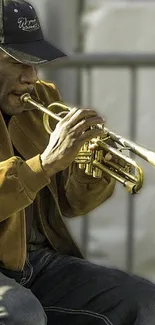 Musician playing a golden trumpet with focus and style, in a vintage setting.