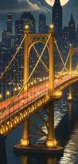A glowing golden bridge under city lights at night.
