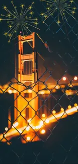 Golden Gate Bridge with fireworks on a clear night.