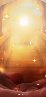 Golden bridge fantasy wallpaper with stars and glowing light.