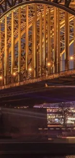 Golden arch bridge illuminated at night.