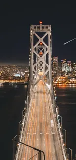 Night view of a golden-lit bridge and city skyline.