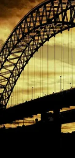 Golden silhouette of a bridge against a sunset sky.