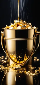 Luxurious golden bucket with shiny gold nuggets on dark background.