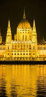 Golden-lit Budapest Parliament building reflected on the Danube River at night.