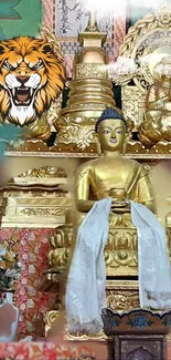 Golden Buddha statue with ornate altar and a lion illustration on a mobile wallpaper.