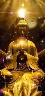 Golden Buddha meditating with cosmic light and lotus flower.