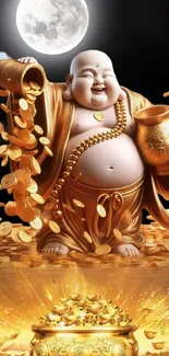 Golden Buddha pouring coins with moonlit background.