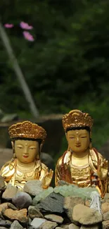 Two golden Buddha statues with green nature backdrop.