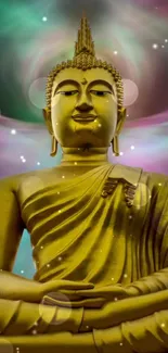 Golden Buddha meditation with ethereal background