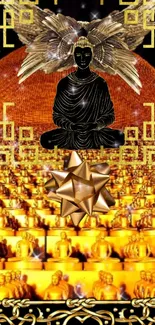 Golden Buddha surrounded by ornate design in meditation.