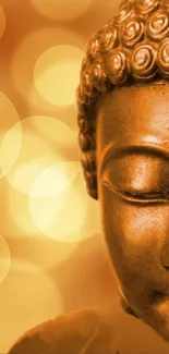 Golden Buddha image with serene expression and warm glowing background.