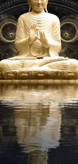 Golden Buddha statue with its reflection on water, creating a serene ambiance.