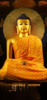 Golden Buddha statue with serene expression, radiating tranquility and peace.