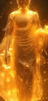 Golden Buddha holding a lotus flower glowing peacefully.