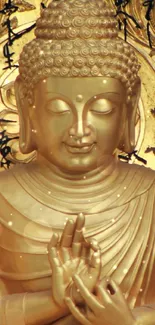 Golden Buddha statue on ornate background.