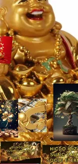 Golden Buddha surrounded by symbols of wealth and prosperity.