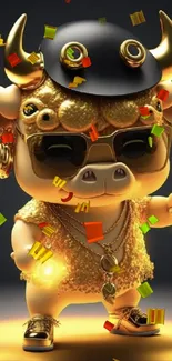 Gold-clad bull character with sunglasses and glowing accessories.