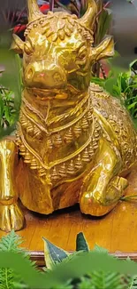 Golden bull statue surrounded by green plants.