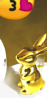 Golden bunny figurine on elegant minimalist wallpaper background.