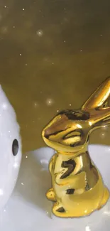 Golden bunny figurine with dots and stars in cosmic backdrop.