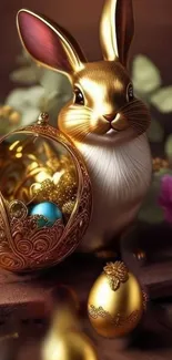 Golden bunny with ornate Easter eggs surrounded by flowers.