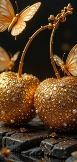 Golden orbs with butterflies on ornately designed wallpaper.