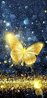 Golden butterflies sparkle on a dark blue background, creating an elegant wallpaper.