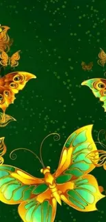 Beautiful green wallpaper with golden butterflies.