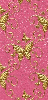 Golden butterflies on a pink background mobile wallpaper.